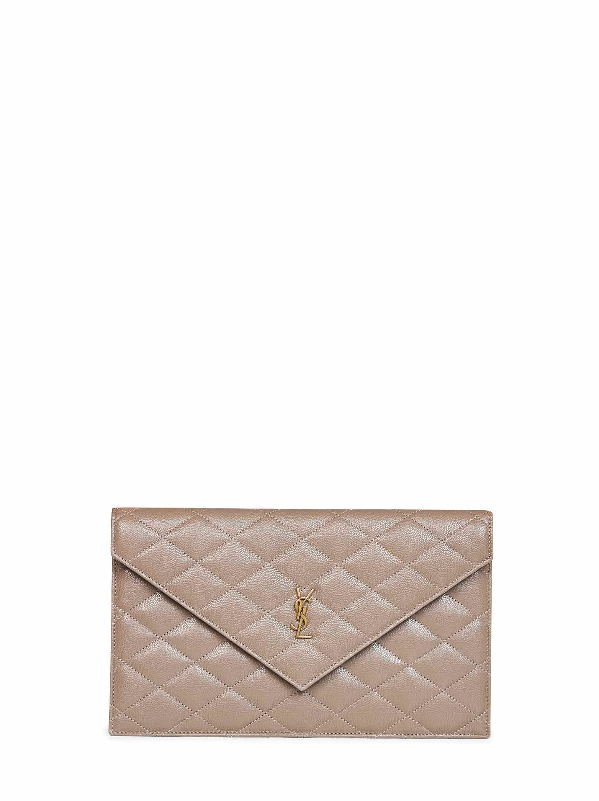 Saint Laurent Women Taupe Beige Paris Clutch In Grain De Poudre Embossed Leather<Br/>
