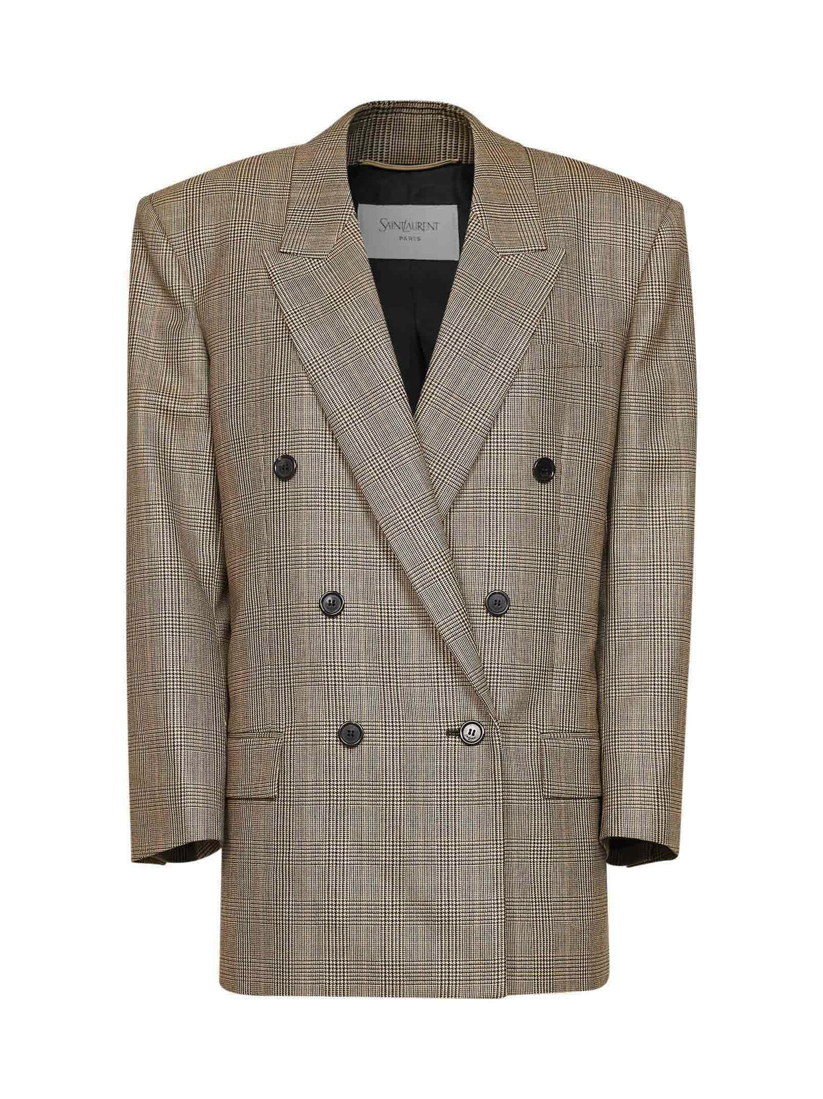Saint Laurent Women Beige Checked Double-Breasted Blazer