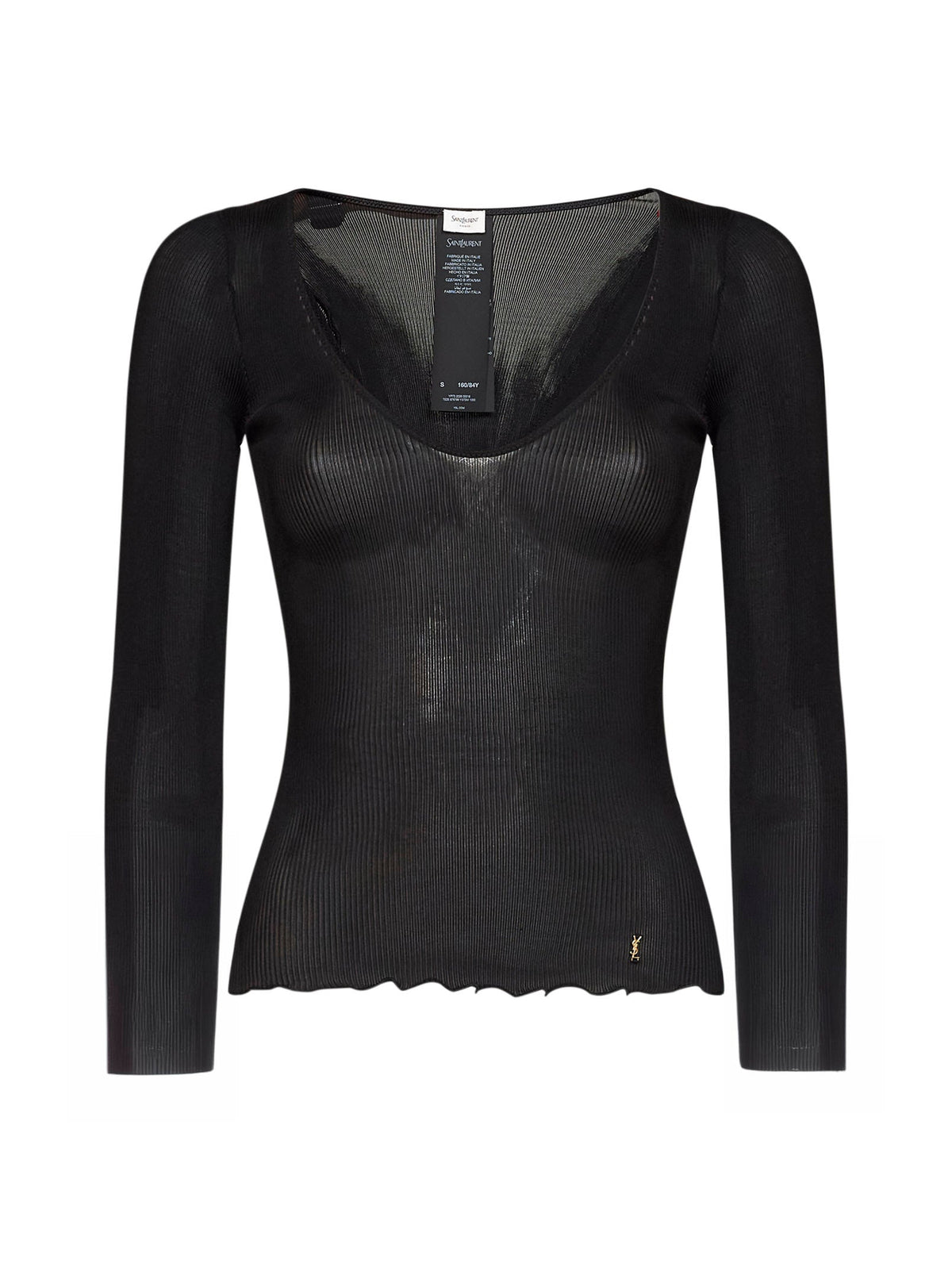 Saint Laurent Women Black Ribbed Silk Knit Cassandre Top