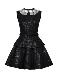 Self Portrait Women Black Sequin Bouclé Belted Peplum Mini Dress
