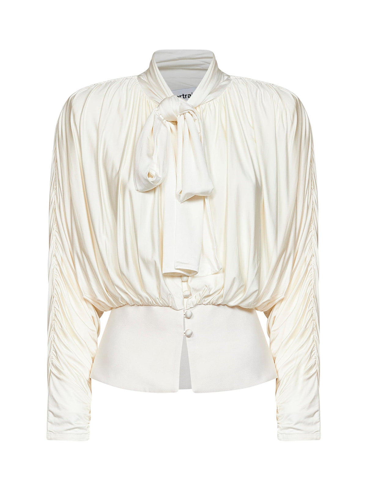 Self Portrait Women Cream Jersey Gathered Tie Neck Top