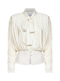 Self Portrait Women Cream Jersey Gathered Tie Neck Top