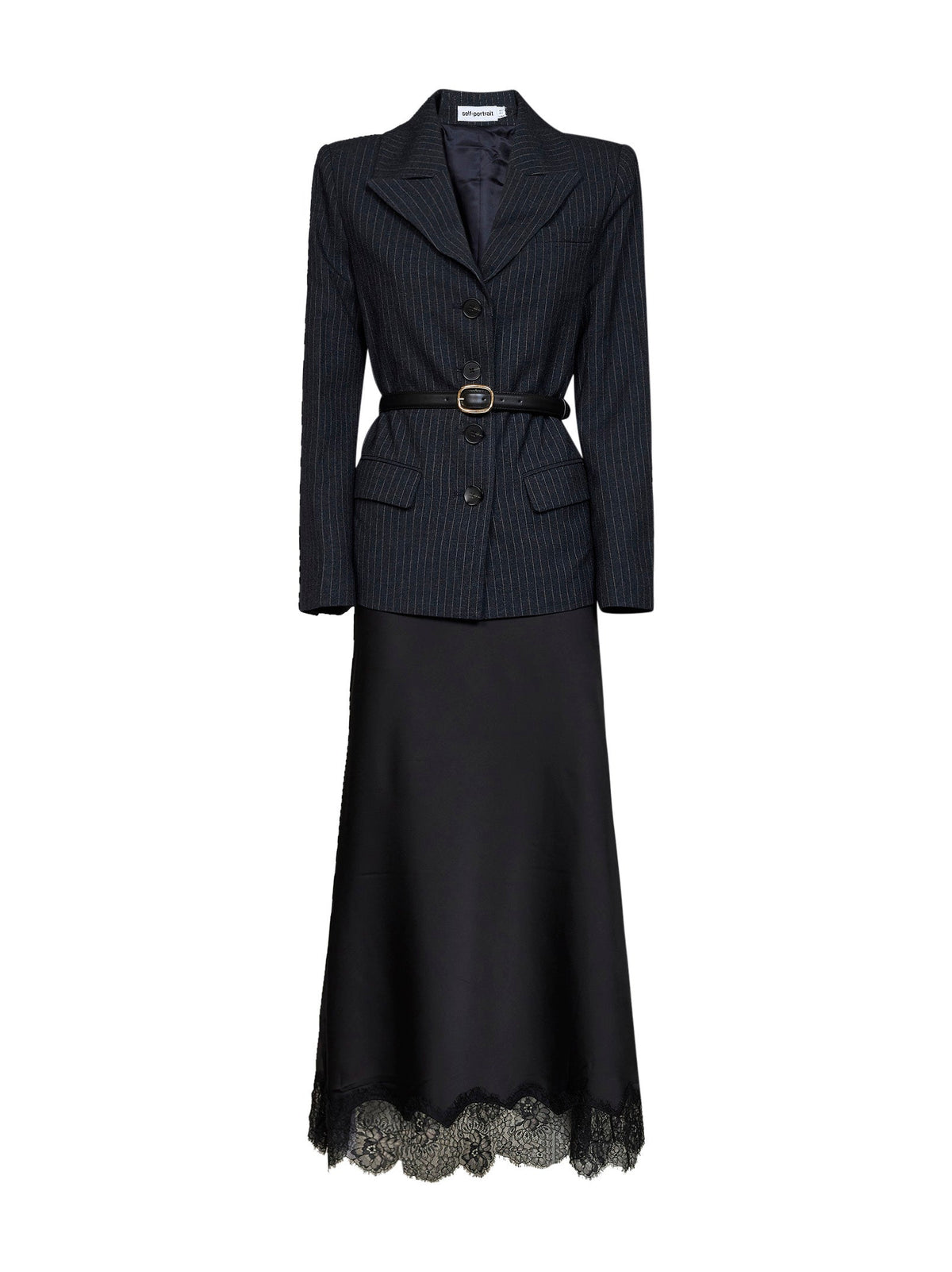 Self Portrait Women Grey Tailored Dress With Pinstriped Blazer And Satin Skirt