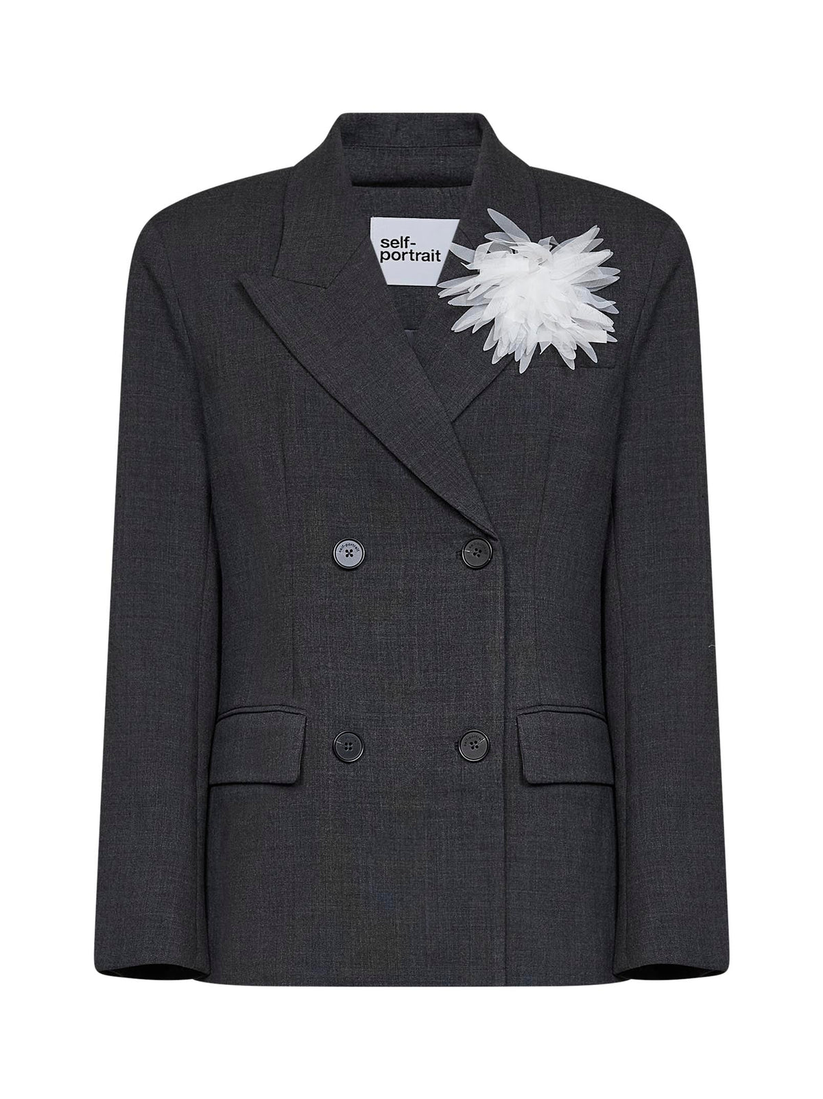 Self Portrait Women Grey Stretch Wool-Blend Double-Breasted Flower Blazer