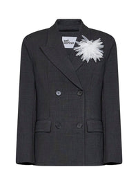 Self Portrait Women Grey Stretch Wool-Blend Double-Breasted Flower Blazer