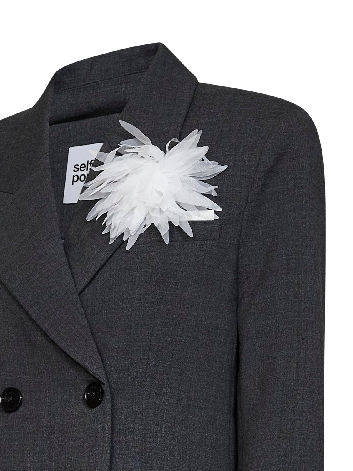 Self Portrait Women Grey Stretch Wool-Blend Double-Breasted Flower Blazer