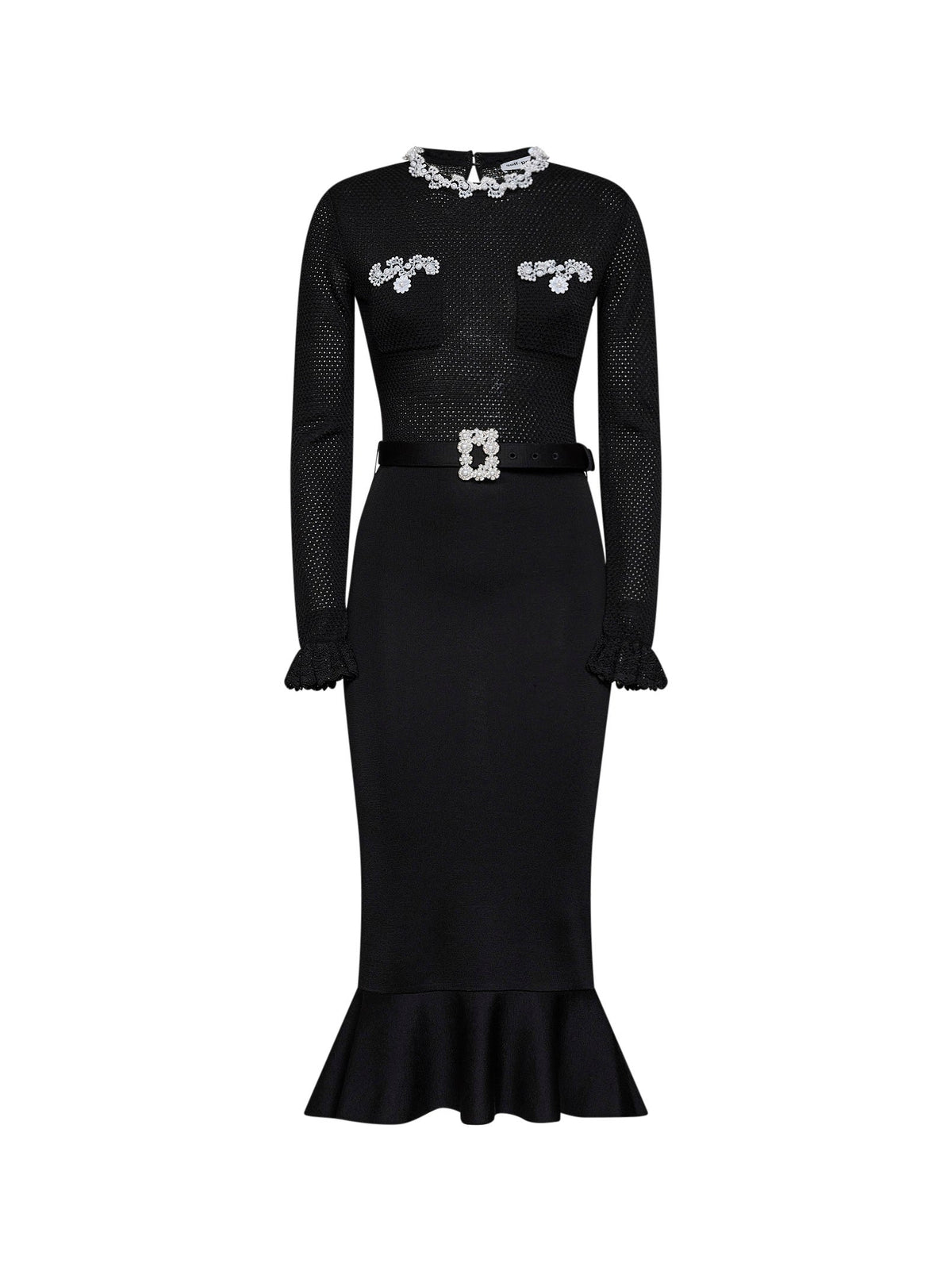 Self Portrait Women Black Knit Midi Dress With Beaded Embroidery