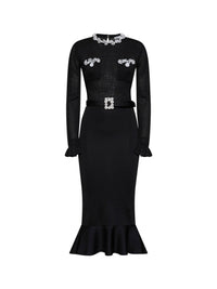 Self Portrait Women Black Knit Midi Dress With Beaded Embroidery