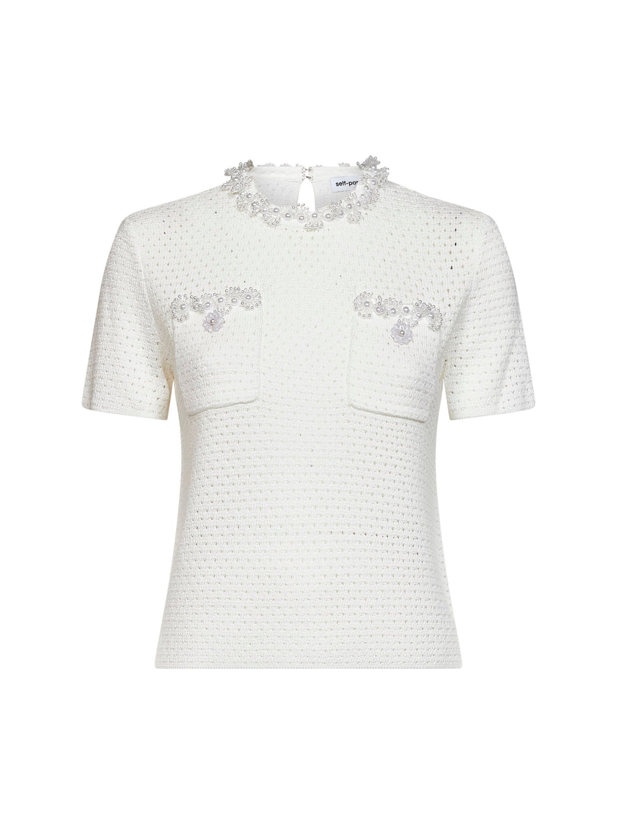 Self Portrait Women Cream Openwork Knit Top With Bead Embroidery