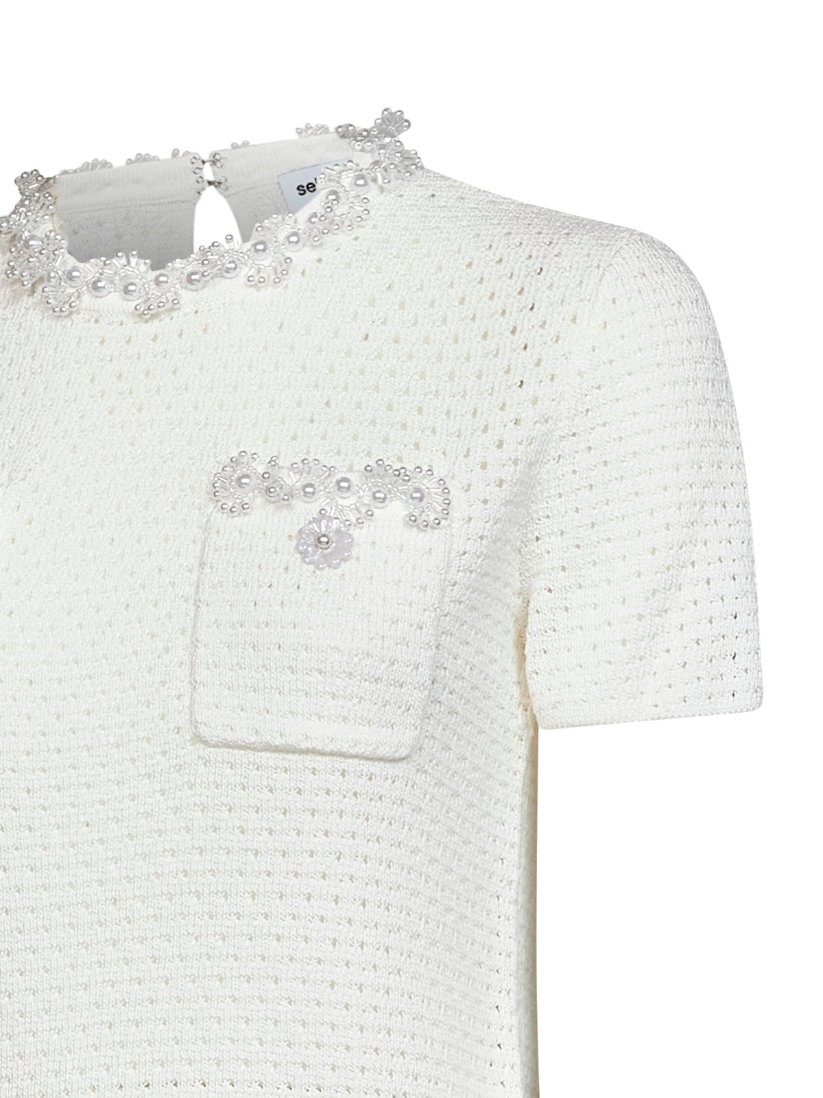 Self Portrait Women Cream Openwork Knit Top With Bead Embroidery