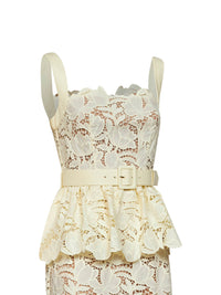 Self Portrait Women Yellow Macramé Lace Belted Peplum Midi Dress