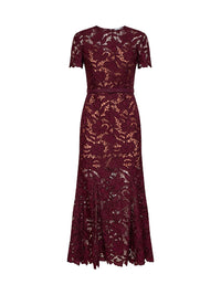 Self Portrait Women Burgundy Macramé Lace Belted Midi Dress