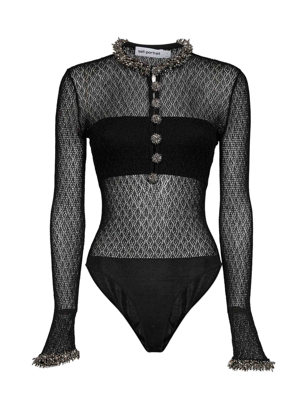 Self Portrait Women Black Pointelle Knit Embellished Bodysuit