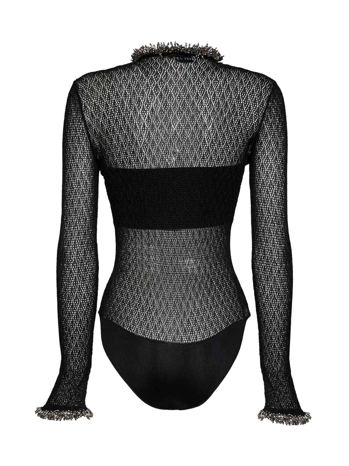 Self Portrait Women Black Pointelle Knit Embellished Bodysuit