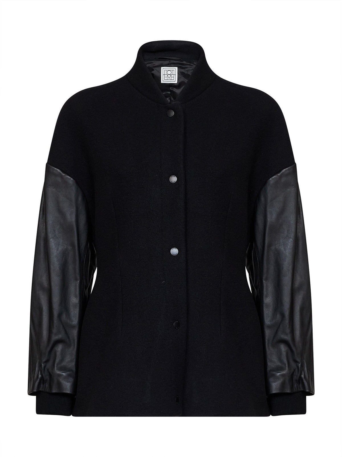 Toteme Women Black Wool-Blend Varsity Jacket With Leather Sleeves