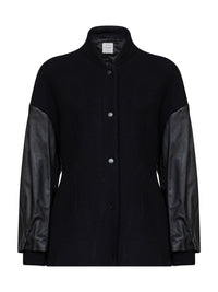 Toteme Women Black Wool-Blend Varsity Jacket With Leather Sleeves