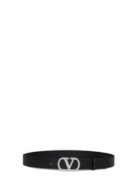 Valentino Garavani Women Black Shiny Calfskin Leather Vlogo Signature Crystal Belt