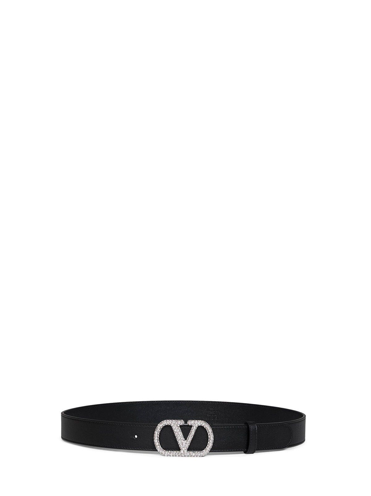 Valentino Garavani Women Black Shiny Calfskin Leather Vlogo Signature Crystal Belt
