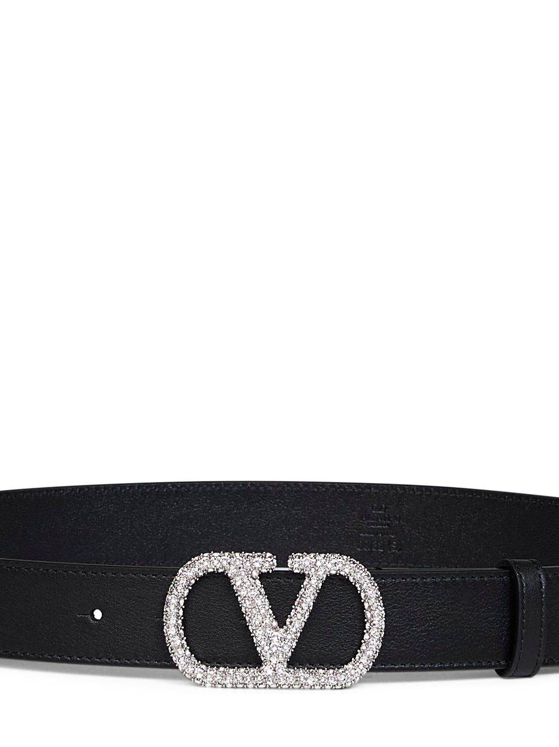 Valentino Garavani Women Black Shiny Calfskin Leather Vlogo Signature Crystal Belt