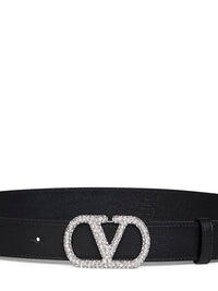 Valentino Garavani Women Black Shiny Calfskin Leather Vlogo Signature Crystal Belt