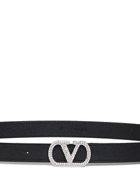 Valentino Garavani Women Black Shiny Calfskin Leather Vlogo Signature Crystal Belt
