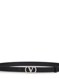 Valentino Garavani Women Black Leather Crystal-Embellished Vlogo Signature Belt