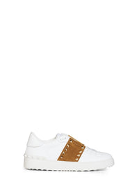 Valentino Garavani Women White And Havana Beige Rockstud Untitled Sneakers