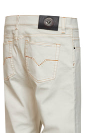 Versace Men Ivory Stretch Cotton Denim Tapered Jeans