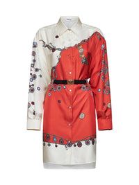 Versace Women Orange Printed Silk Twill Belted Mini Dress