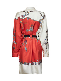 Versace Women Orange Printed Silk Twill Belted Mini Dress