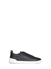 Zegna Men Navy Blue Grained Leather Triple Stitch Sneakers