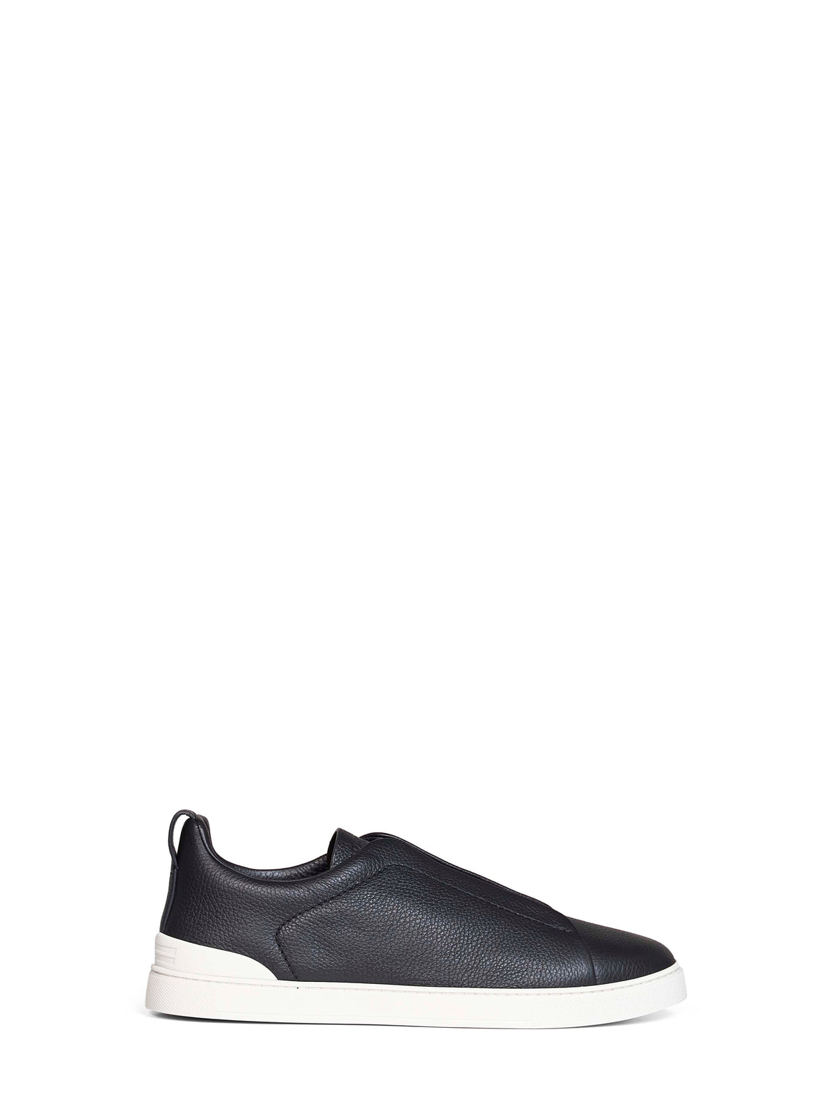 Zegna Men Navy Blue Grained Leather Triple Stitch Sneakers