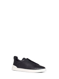 Zegna Men Navy Blue Grained Leather Triple Stitch Sneakers