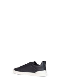 Zegna Men Navy Blue Grained Leather Triple Stitch Sneakers
