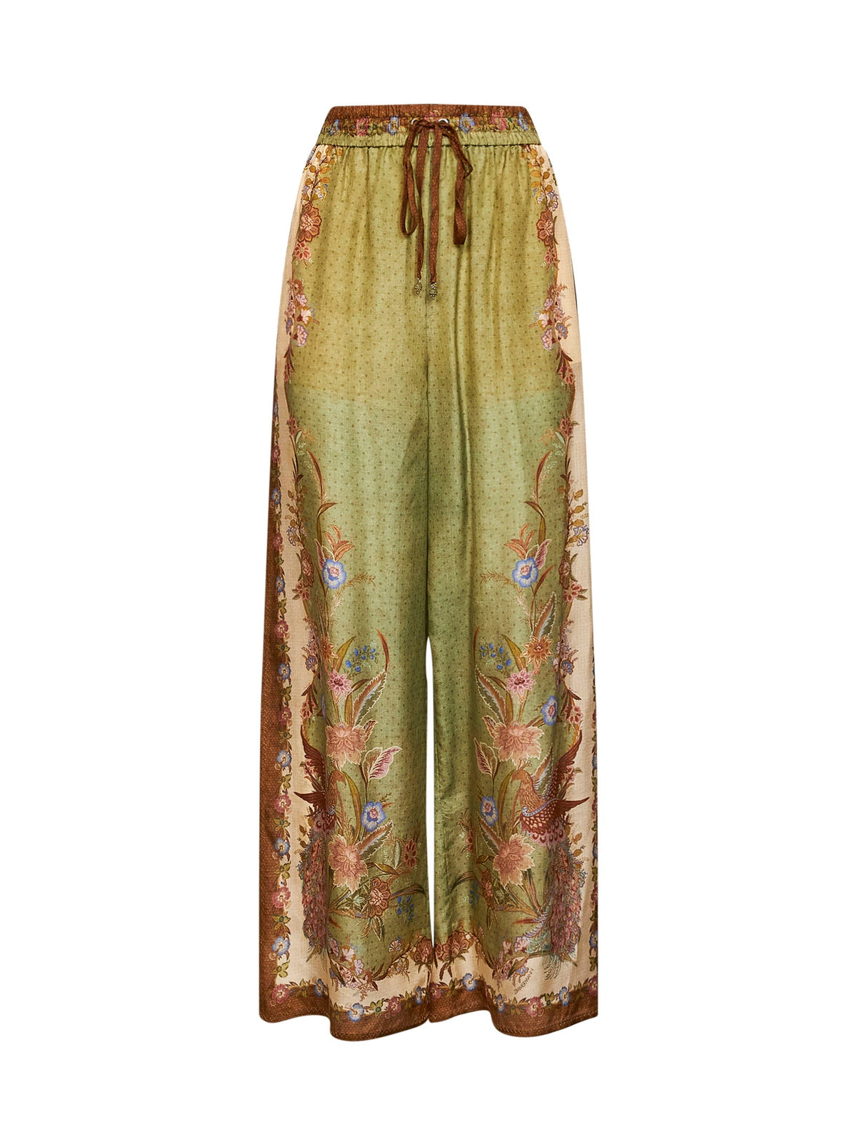 Zimmermann Women Khaki Floral Scarf-Print Silk Habotai Indra Relaxed Trousers