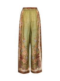 Zimmermann Women Khaki Floral Scarf-Print Silk Habotai Indra Relaxed Trousers