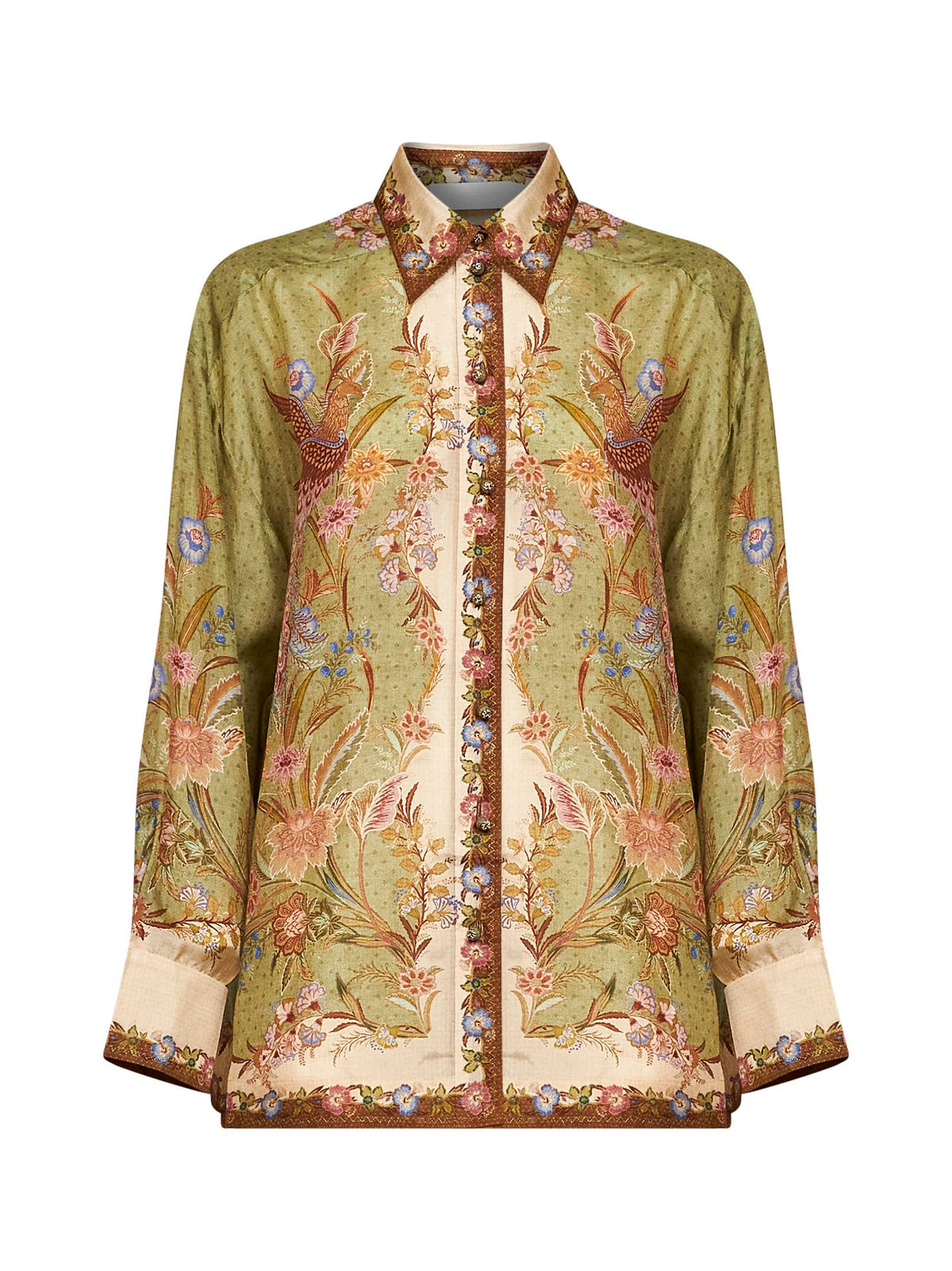 Zimmermann Women Khaki Floral Scarf-Print Silk Habotai Indra Relaxed Shirt