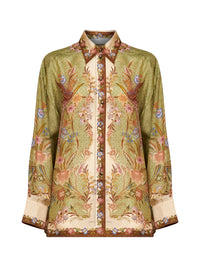 Zimmermann Women Khaki Floral Scarf-Print Silk Habotai Indra Relaxed Shirt