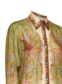 Zimmermann Women Khaki Floral Scarf-Print Silk Habotai Indra Relaxed Shirt