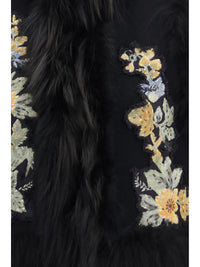 Fendi Women Virgin Wool Vest With Fur Collar And Floral Embroidery