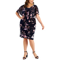 Plus Womens Floral Print Knee-Length Sheath Dress Navy Mauve
