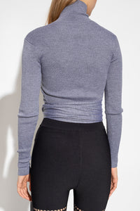 Alaia Ribbed Knit Cropped Turtleneck Pullover with Tie Waist