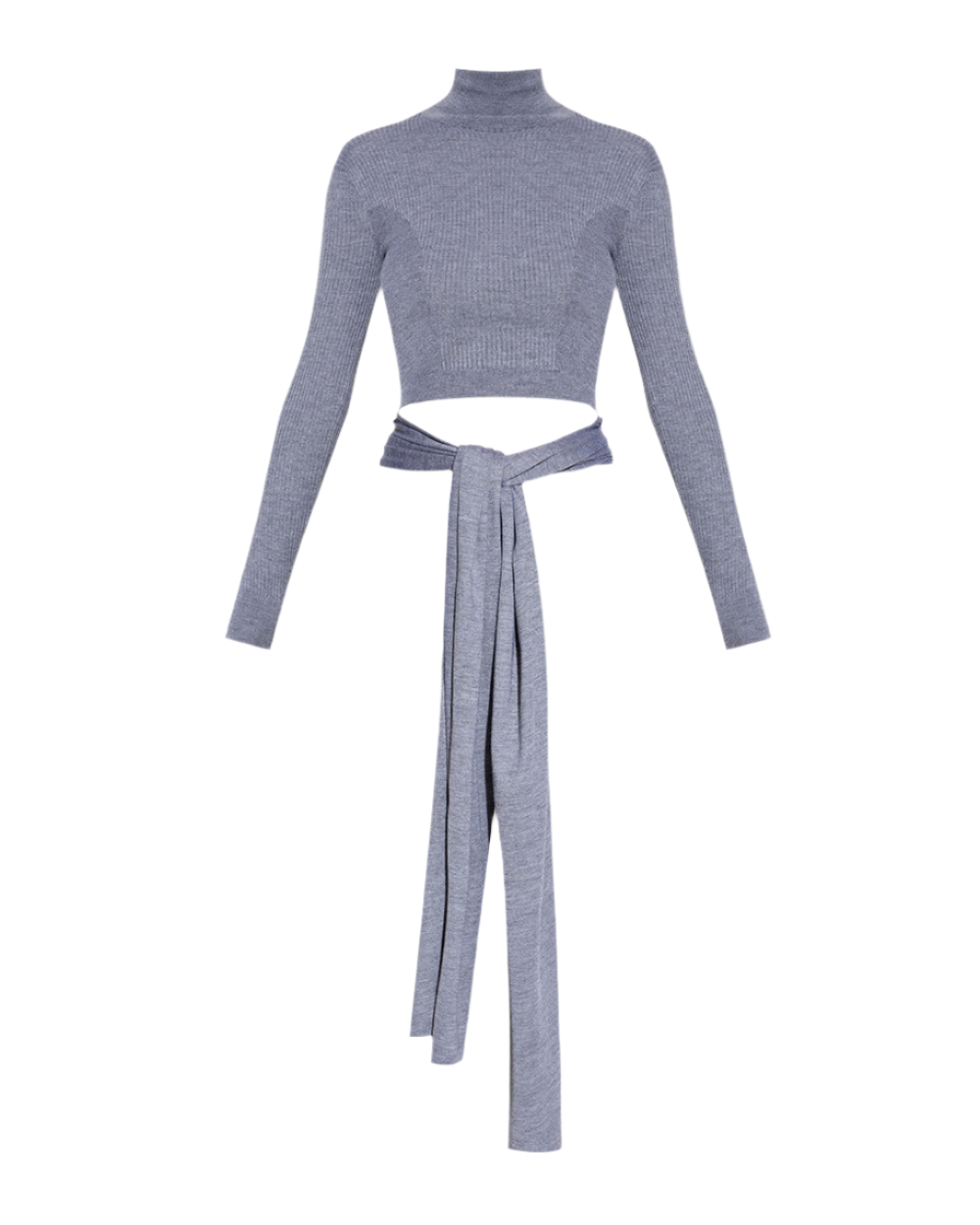 Alaia Ribbed Knit Cropped Turtleneck Pullover with Tie Waist