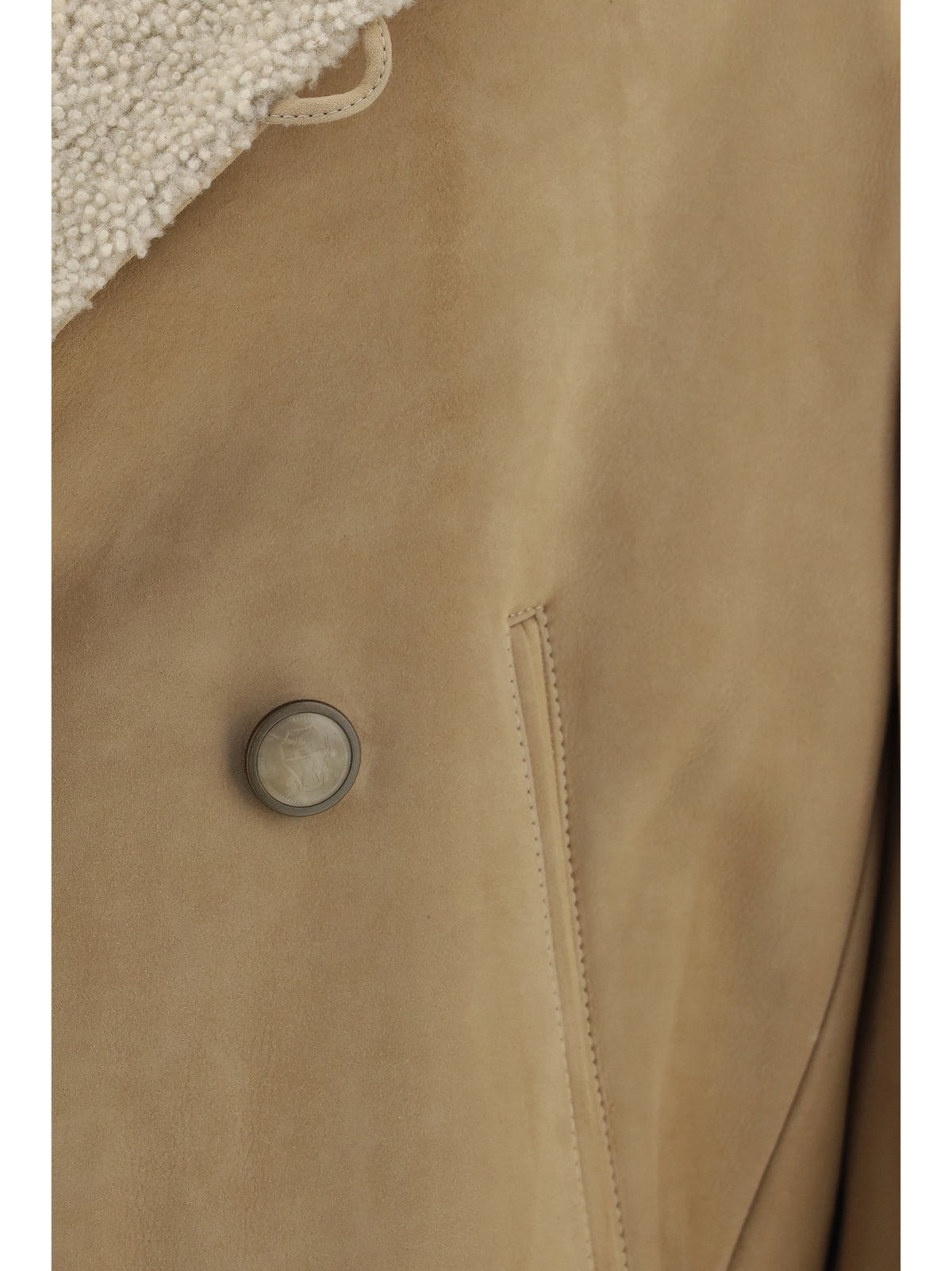 Brunello Cucinelli Men Curly Suede Shearling Pea Coat With Shawl Collar