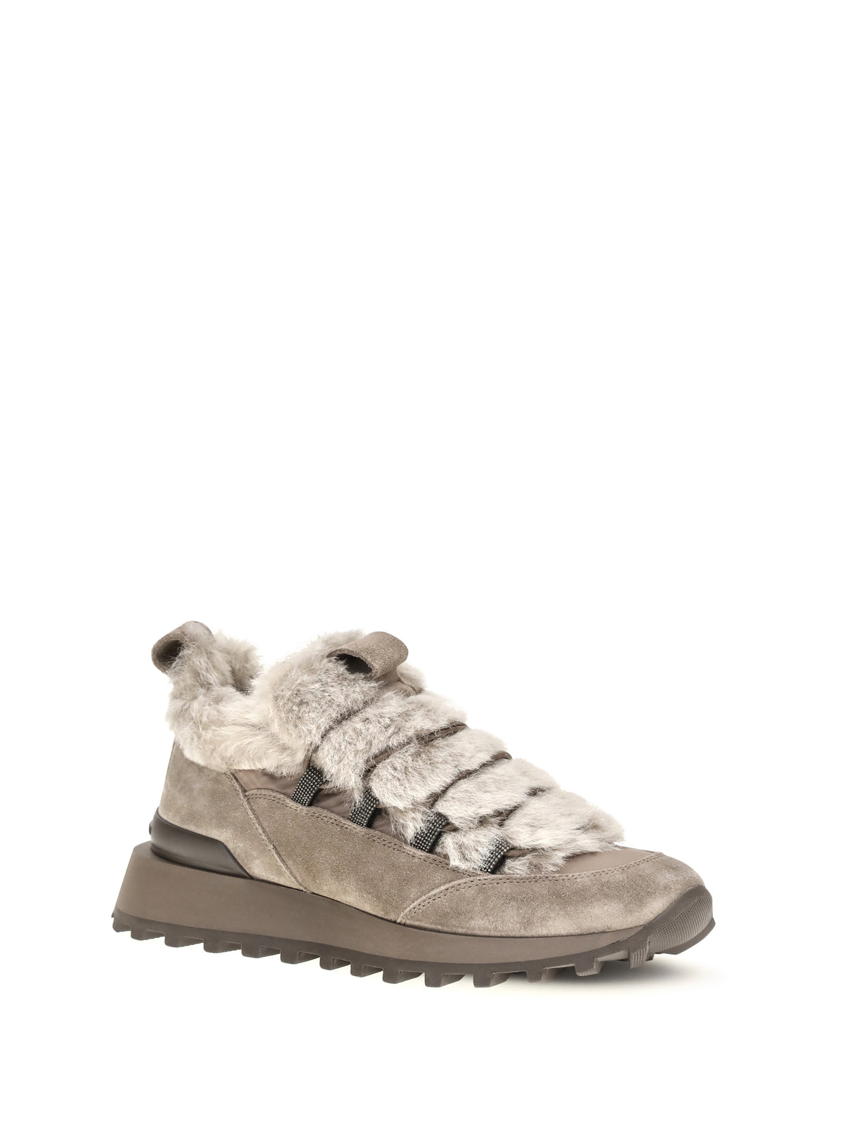 Brunello Cucinelli Women Suede And Tech Cotton Sneakers With Shearling Lining And Monili Detail