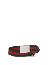 Gucci Men Web Ribbon Belt With Rectangular Buckle