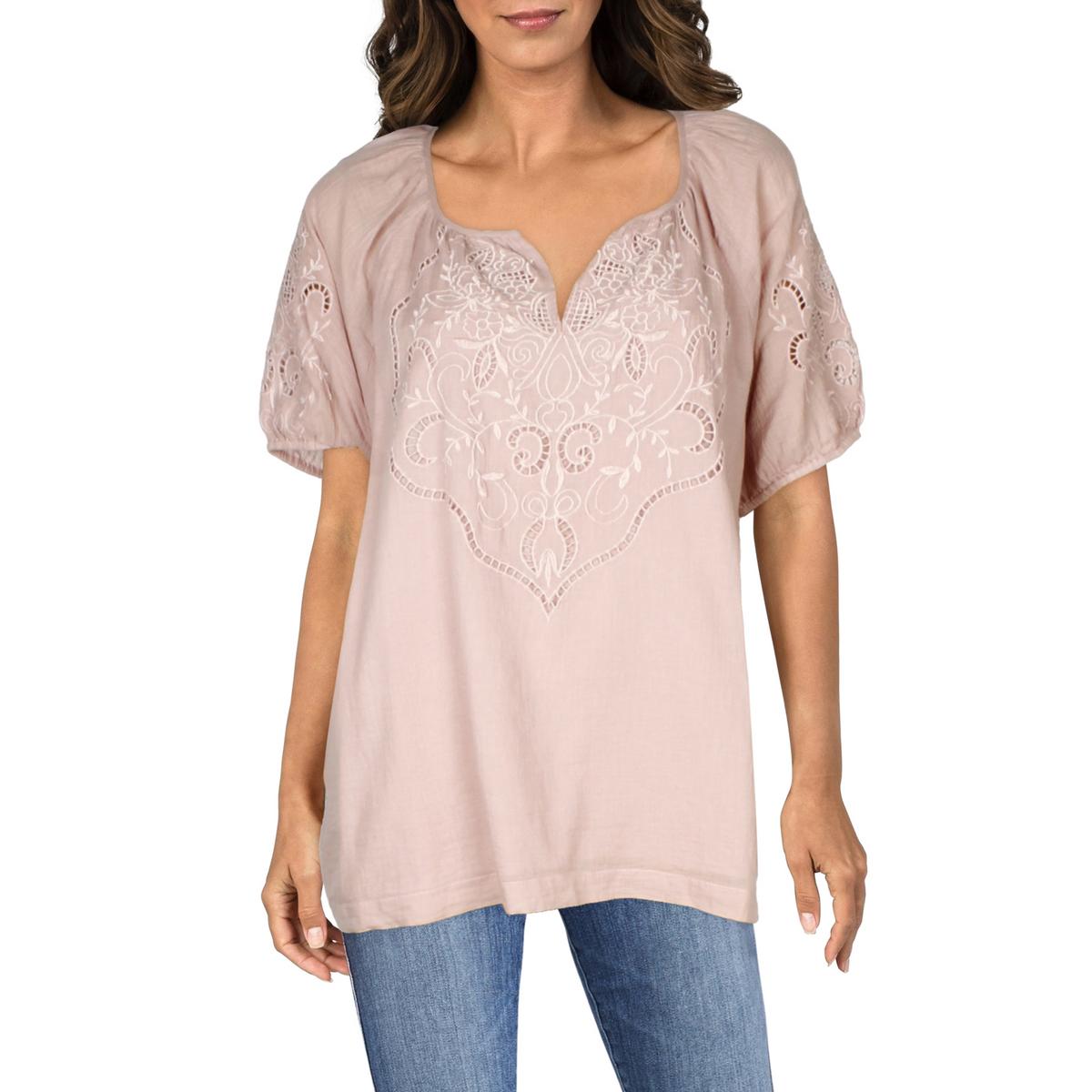 Womens Embroidered Cotton Blouse Regular 12 (L) Pink