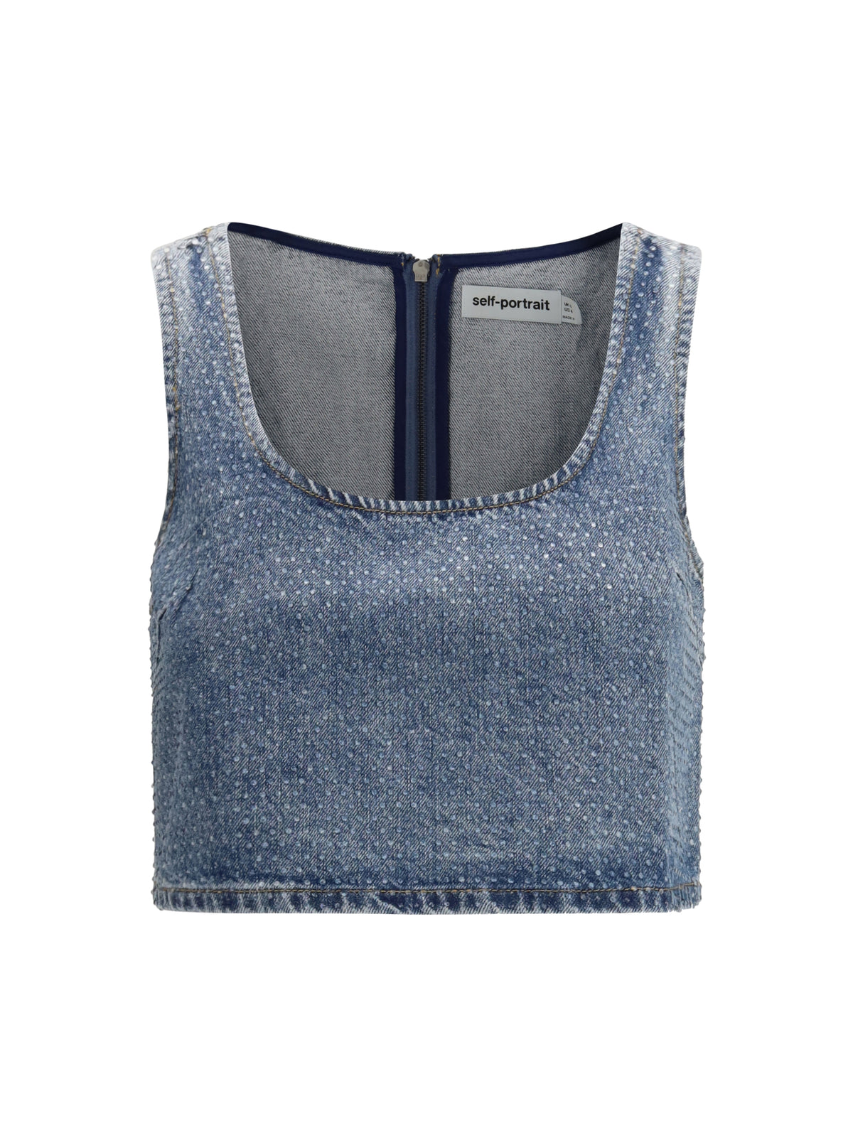 SELF-PORTRAIT Self-Portrait Women Rhinestone Denim Crop Top