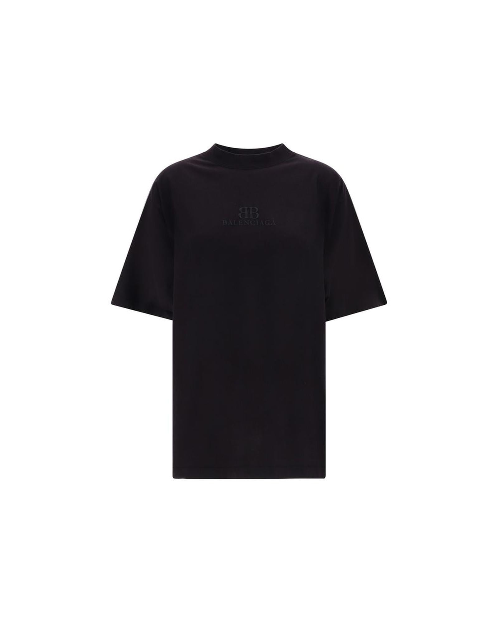 Balenciaga Logo TShirt Embroidered Cotton Women Black Tops Black