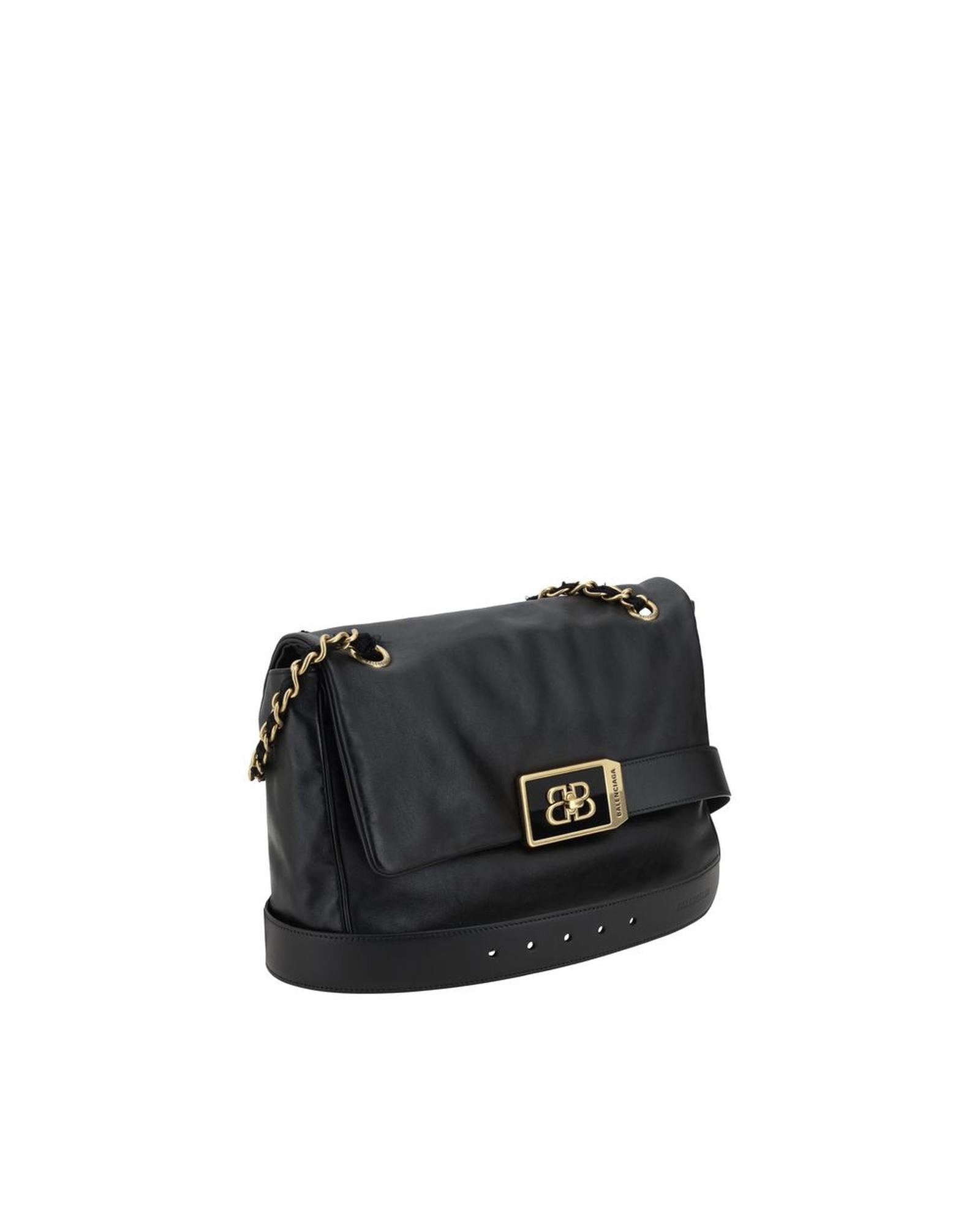 Balenciaga Modu Flap Shoulder Bag with Adjustable Chain Handle and Plaque Twist Closure Women Black